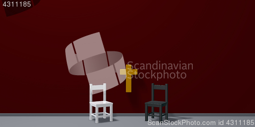 Image of two chairs and christian cross - 3d rendering