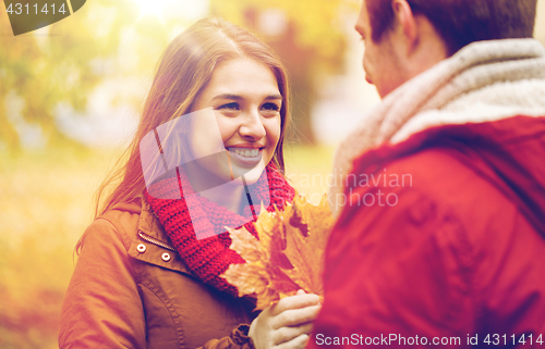 Image of happy couple with maple leaves in autumn park