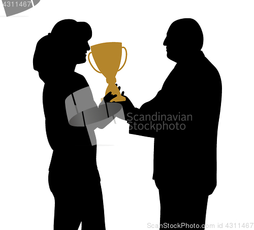 Image of Female winner receiving trophy from president director or sponso