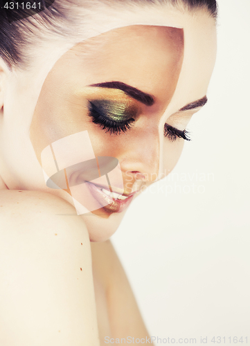 Image of half faced woman before tanning and after close up isolated 