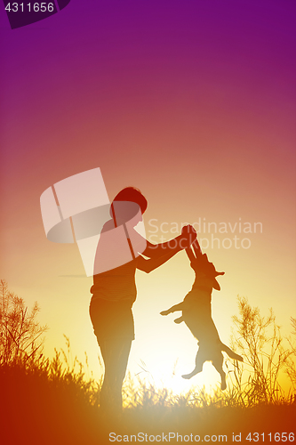 Image of Silhouette of woman playing with a dog.