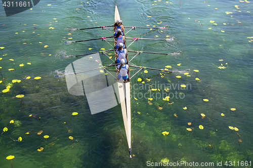 Image of Ladies fours rowing team in race on the lake