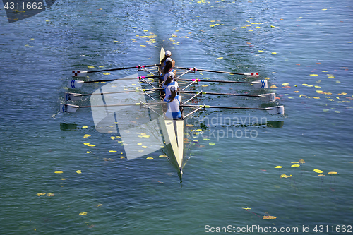 Image of Ladies fours rowing team in race on the lake