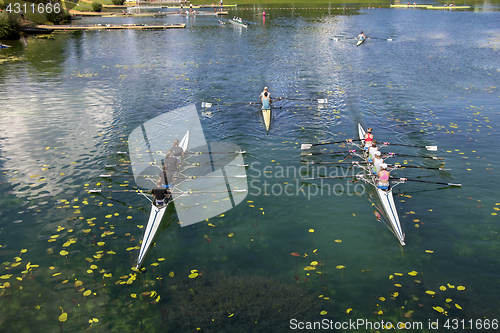 Image of Young people training rowing on the lake Jarun in Zagreb