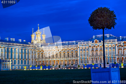 Image of Late evening at Catherine Palace the summer residence of the Russian tsars at Pushkin, Saint-Petersburg. Square and trees