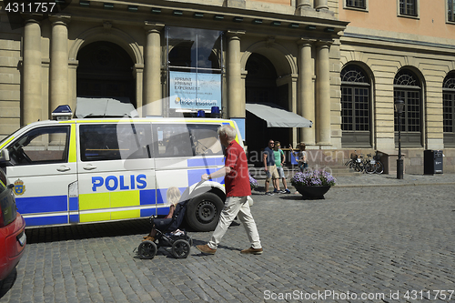 Image of STOCKHOLM, SWEDEN  – JUNE 15, 2017: police car in the center o