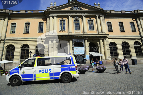 Image of STOCKHOLM, SWEDEN  – JUNE 15, 2017: police car in the center o