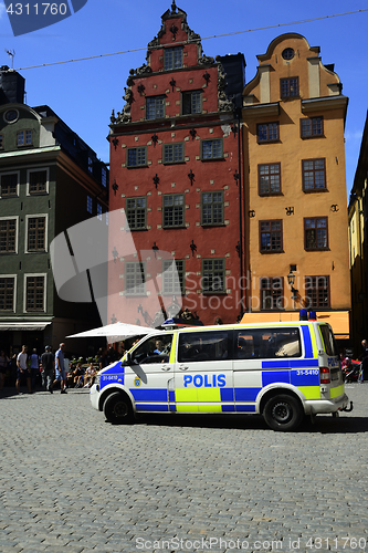 Image of STOCKHOLM, SWEDEN  – JUNE 15, 2017: police car in the center o