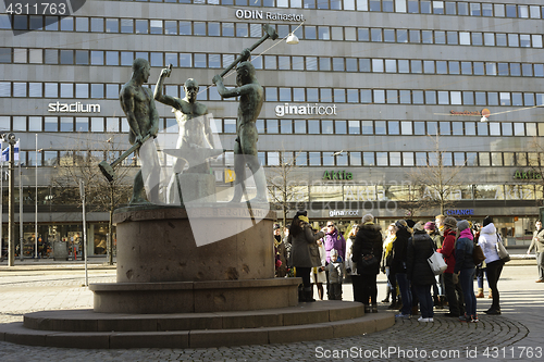 Image of HELSINKI, FINLAND – MARCH 19, 2016: The Three Smiths Statue is