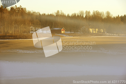 Image of dense fog over a field in winter