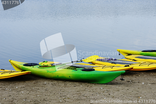 Image of surfers and kayaks on the beach