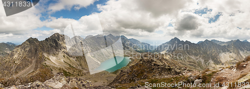 Image of Panoramic photo of Velke Hincovo Pleso lake valley in Tatra Mountains, Slovakia, Europe