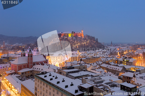 Image of Aerial panoramic view of Ljubljana decorated for Christmas holidays, Slovenia, Europe.