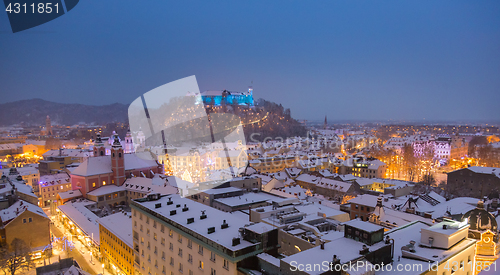 Image of Aerial panoramic view of Ljubljana decorated for Christmas holidays, Slovenia, Europe.