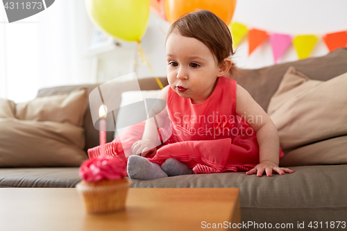 Image of girl blowing to candle on birthday cupcake at home