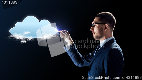 Image of businessman working with virtual cloud hologram