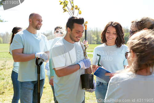 Image of group of volunteers with tree seedlings in park