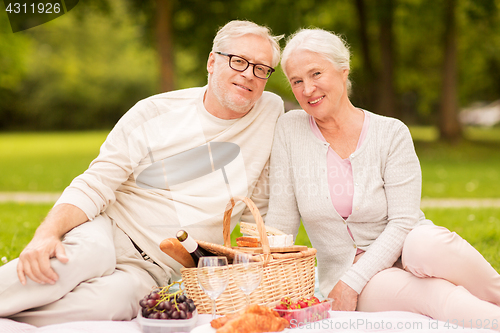 Image of happy senior couple having picnic at summer park