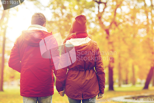 Image of happy young couple walking in autumn park