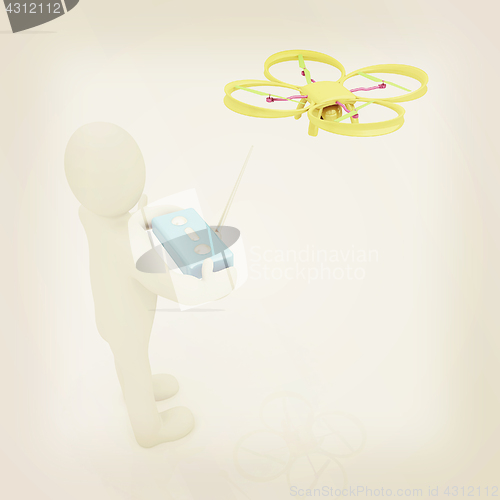 Image of 3d man with drone, quadrocopter, with photo camera. 3d render. 3