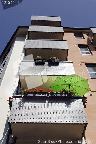 Image of  shot of a facade of a new building at blue sky