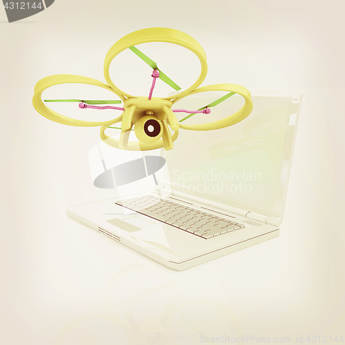 Image of Drone and laptop. 3D render. Vintage style.