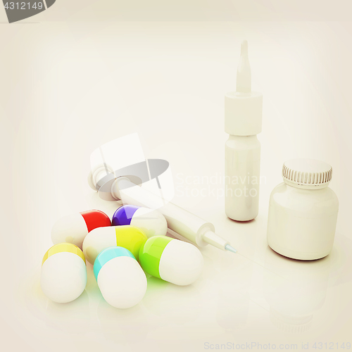 Image of Syringe, tablet, pill jar. 3D illustration. Vintage style.