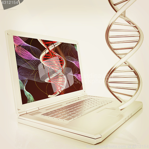Image of Laptop with dna medical model background on laptop screen. 3d il