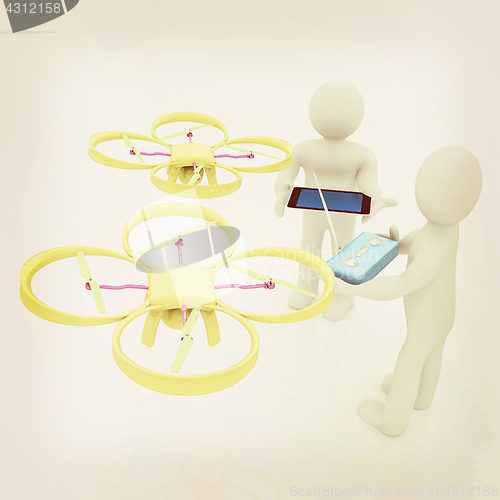 Image of 3d white people. Man flying a white drone with camera. 3D render