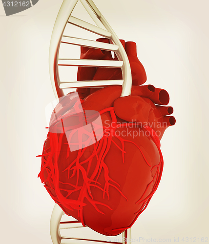 Image of DNA and heart. 3d illustration. Vintage style.