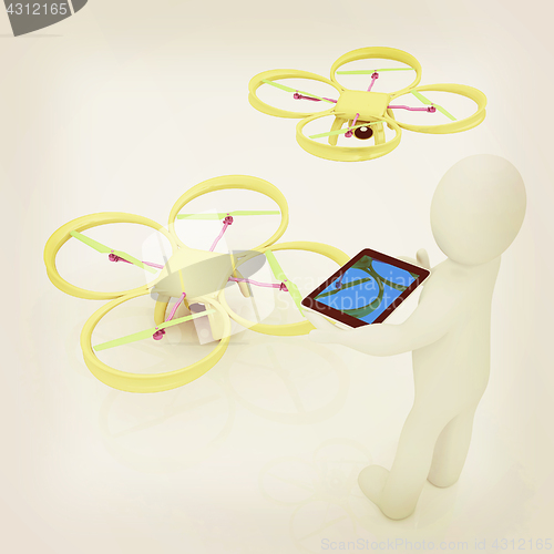 Image of 3d white people. Man flying a white drone with camera. 3D render