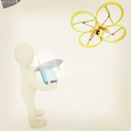 Image of 3d man with drone, quadrocopter, with photo camera. 3d render. 3