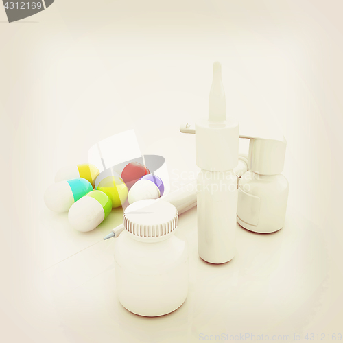 Image of Syringe, tablet, pill jar. 3D illustration. Vintage style.