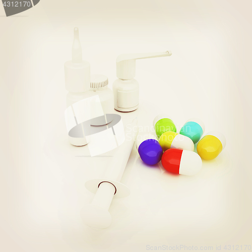 Image of Syringe, tablet, pill jar. 3D illustration. Vintage style.