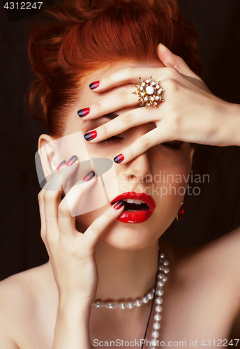 Image of beauty stylish redhead woman with hairstyle wearing jewelry