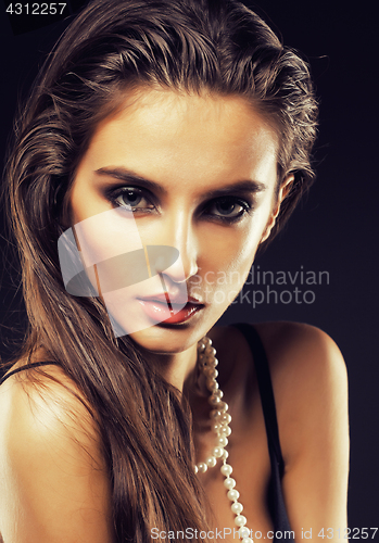 Image of beauty young  woman with jewellery close up, luxury portrait of rich real girl, party makeup