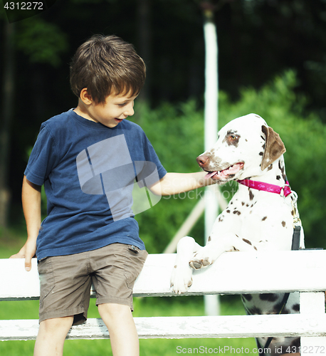 Image of little cute boy with dalmatian dog