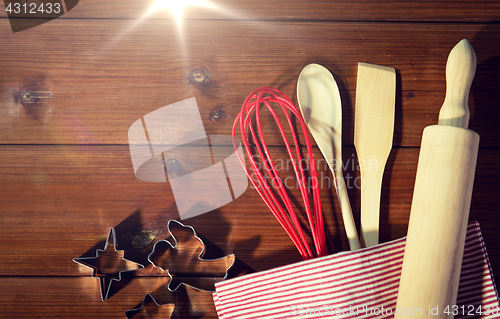 Image of close up of kitchenware set for baking gingerbread