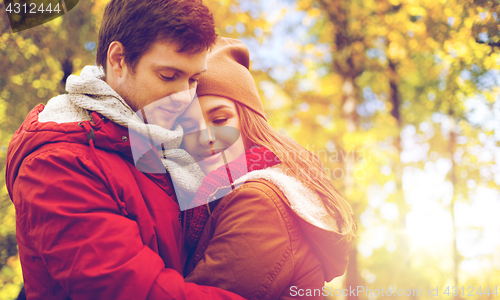 Image of close up of happy couple hugging in autumn park