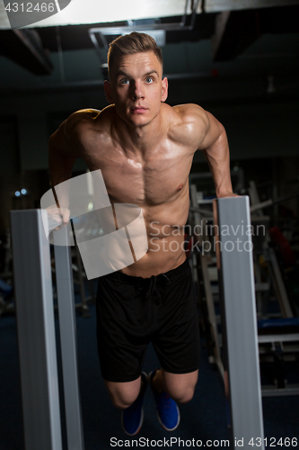 Image of man doing triceps dip on parallel bars in gym