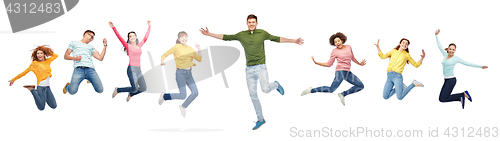 Image of happy people or friends jumping in air over white