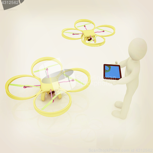 Image of 3d white people. Man flying a white drone with camera. 3D render