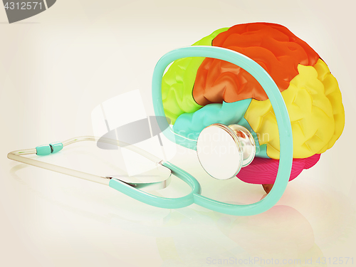 Image of stethoscope and brain. 3d illustration. Vintage style.