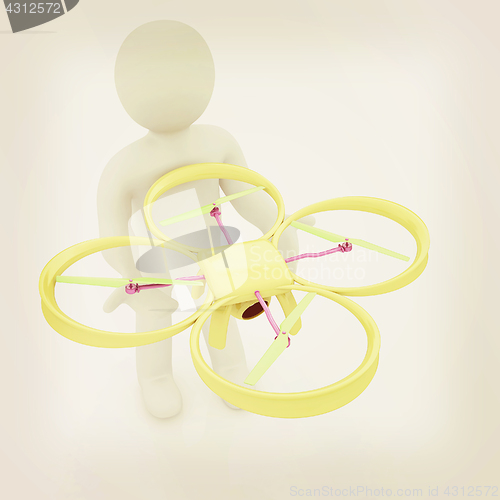 Image of 3d man with drone, quadrocopter, with photo camera. 3d render. 3