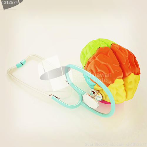 Image of stethoscope and brain. 3d illustration. Vintage style.