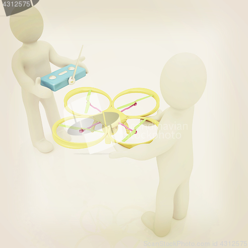 Image of 3d man with drone, quadrocopter, with photo camera. 3d render. 3