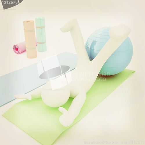 Image of 3d man on a karemat with fitness ball. 3D illustration. Vintage 