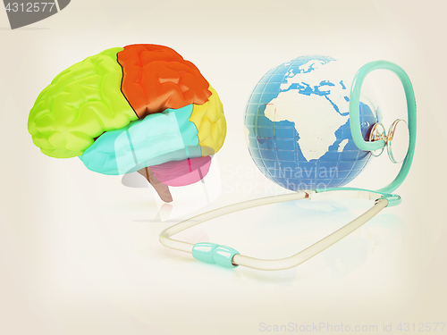 Image of stethoscope, globe, brain - global medical concept. 3d illustrat