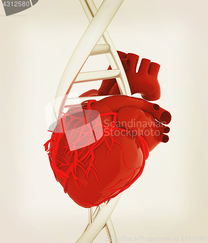 Image of DNA and heart. 3d illustration. Vintage style.