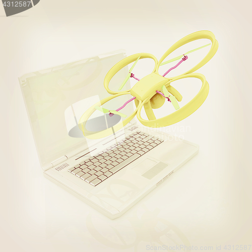 Image of Drone and laptop. 3D render. Vintage style.